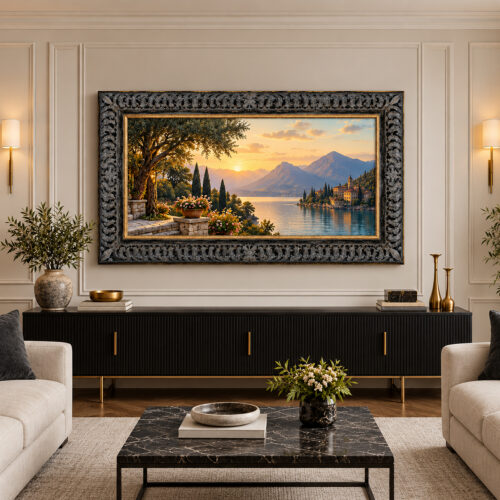 Montclair Black & Gold Ornate TV Frame displayed on a living room wall above a black media console, featuring intricate detailing and antique gold accents.